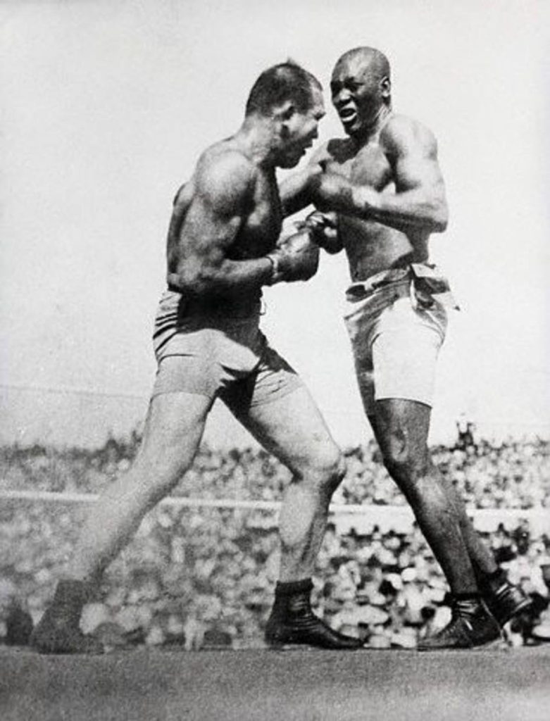 Action shot of Jack Johnson fighting Jim Jeffries at Reno in 1910.  Jeffries was beaten over 15 rounds. 1919 Reno, Nevada, USA