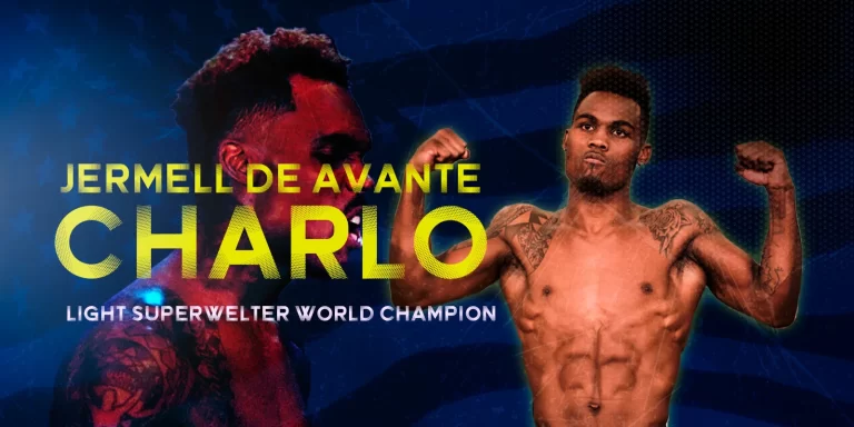 Jermell Charlo posing with this arms up | banner