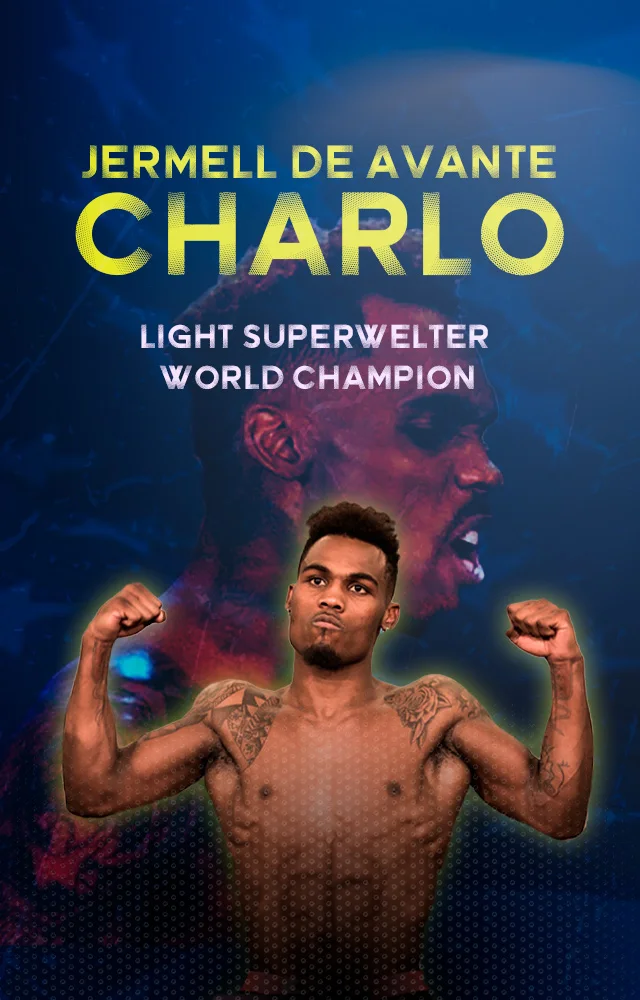 Jermell Charlo posing with his arms up banner