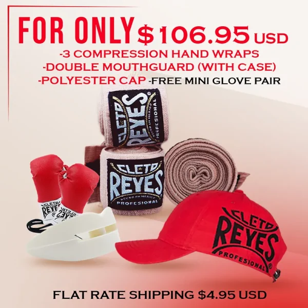 Flat Rate Shipping Combo #4 - Compression Hand Wraps (x3), Double Mouth Guard (with case) & Polyester Cap + Free Mini Glove Pair and $4.95 USD Flat Rate Shipping | Cleto Reyes Boxing USA (Only available in USA. Restrictions apply)